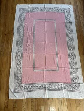 VTG Pink Gray Floral Border Tablecloth Cottagecore Shabby Chic 49x75 Farmhouse